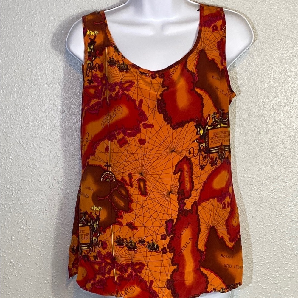 VNTG Anne Pinkerton 100% Silk Map Themed Top Orange and Red Sleeveless